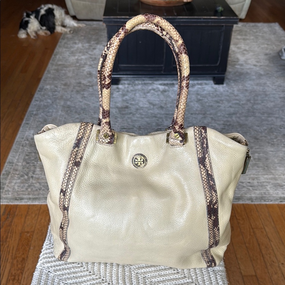Tory Burch Beige and Brown Leather Tote Bag